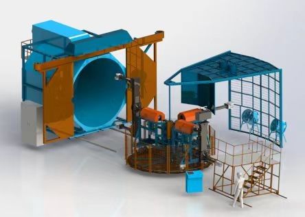 Τρία χέρια πύργος Rotomolding εξοπλισμός αυτόματο PLC ελεγχόμενο περιστροφικό πλαστικό σχηματισμό